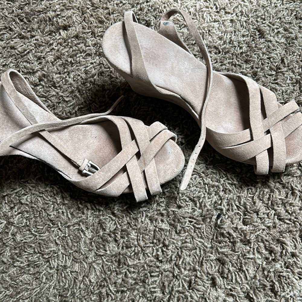 Beige Suede Strappy Wedge Sandals